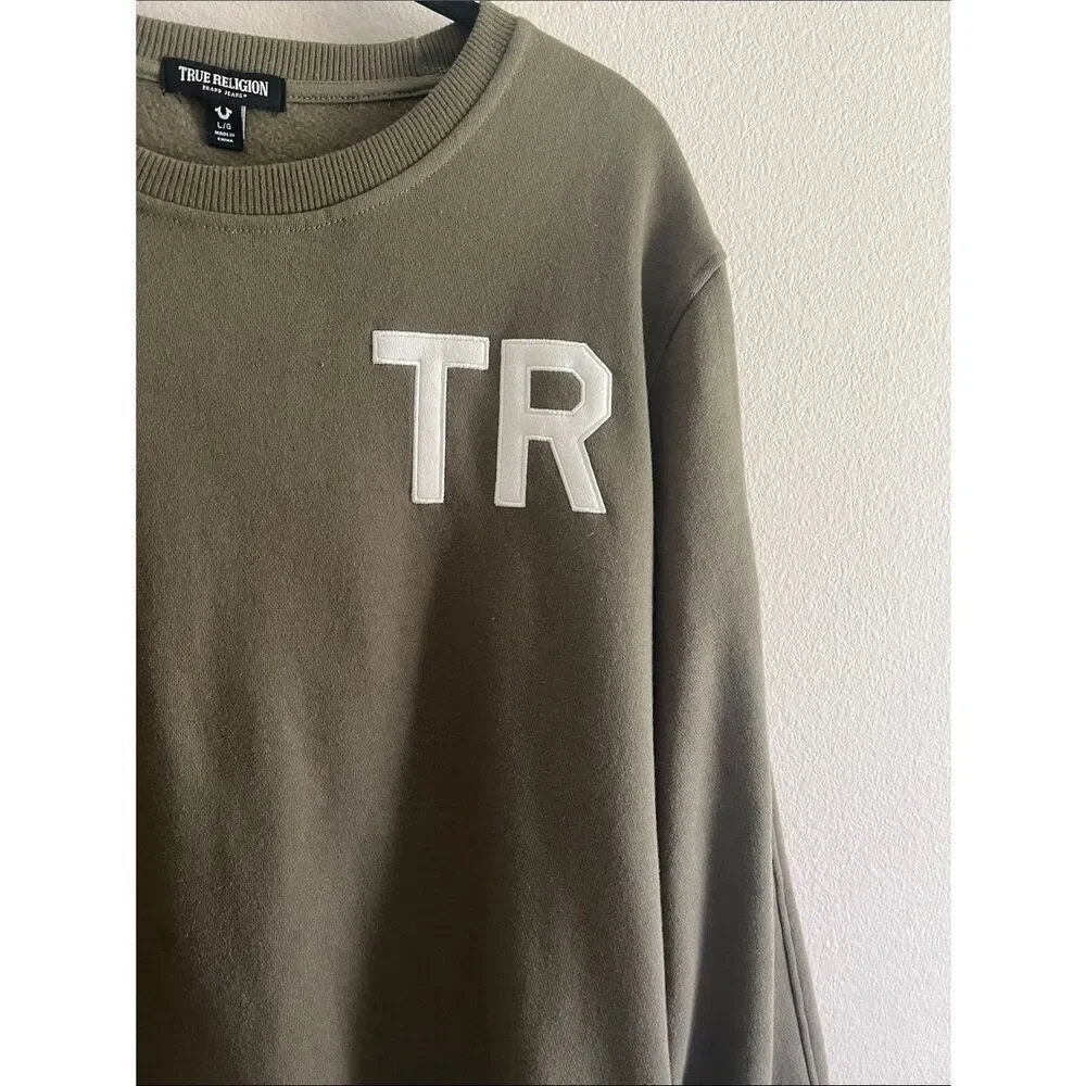 True Religion Mens TR Logo Crewneck Sweatshirt Green Pullover Fleece Casual L